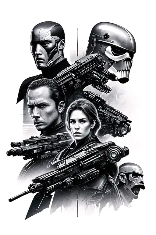 contemporary science fiction montage featuring the following. battlestar Galactica, star wars, star trek,terminator etc tattoo design idea