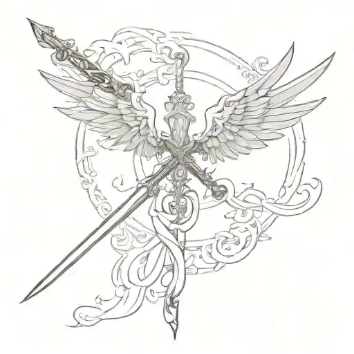 straight delicate single sword with wings spread wings tattoo design idea