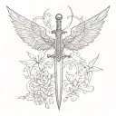 straight delicate single sword with wings spread wings tattoo design idea
