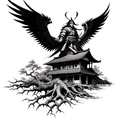 japanese samurai with wings with tree roots leading up to a house tattoo design idea