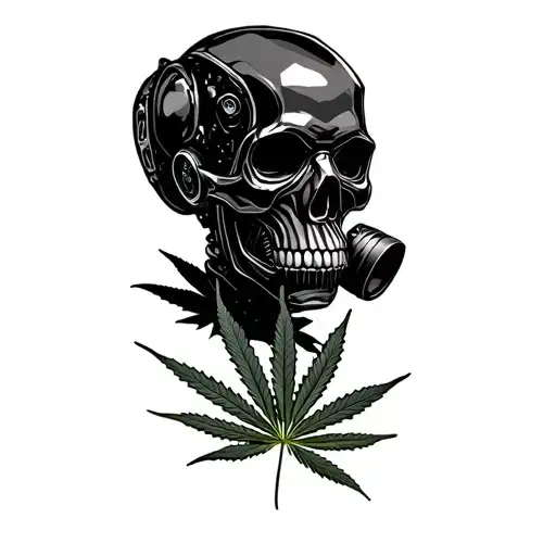 composition black skull robot with a gas mask, in the background a leaf of marijuana in black and white color tattoo design idea