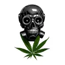 composition black skull robot with a gas mask, in the background a leaf of marijuana in black and white color tattoo design idea