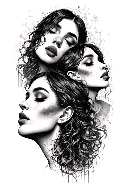 3 babes one close the mouth the other close eyes surrounded tattoo design idea