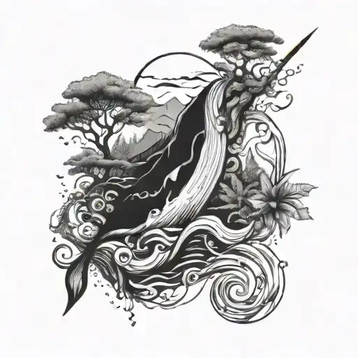 An intricate tattoo design combining elements of the sea and forests, with a paintbrush and canvas integrated into the composition tattoo design idea