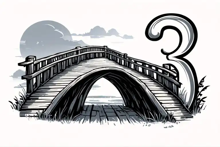 minimalist wooden bridge leading across a stylised number 3 tattoo design idea