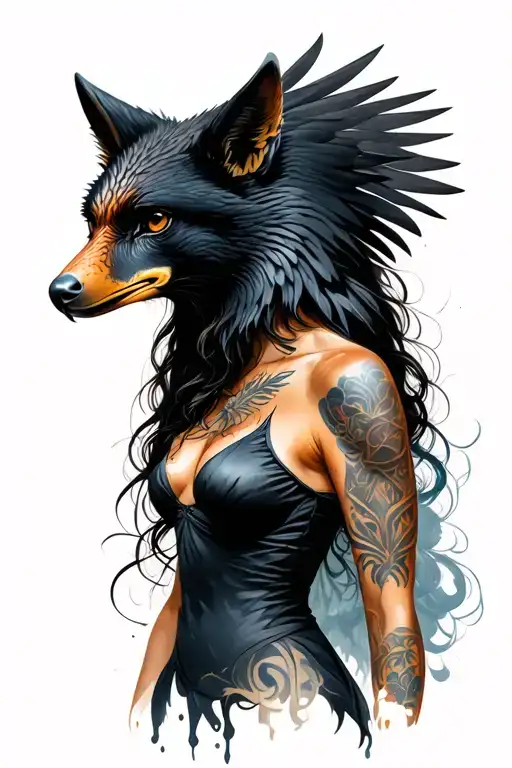 A mysterious woman with an animal that symbolizes strength or freedom, such as an eagle or a black fox tattoo design idea