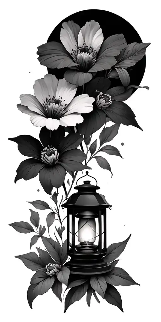 large and small flowers with a lantern and with some geometric filler background tattoo design idea
