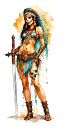 sexy Aztec girl warrior woman holding a sword, skull behind tattoo design idea
