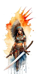 sexy Aztec girl warrior woman holding a sword, skull behind tattoo design idea