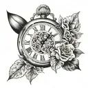 clock pointing 11:57 with flowers tattoo design idea