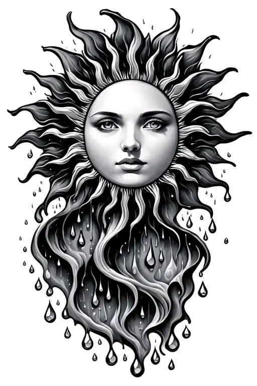 a sun melting into rain drops. tattoo design idea