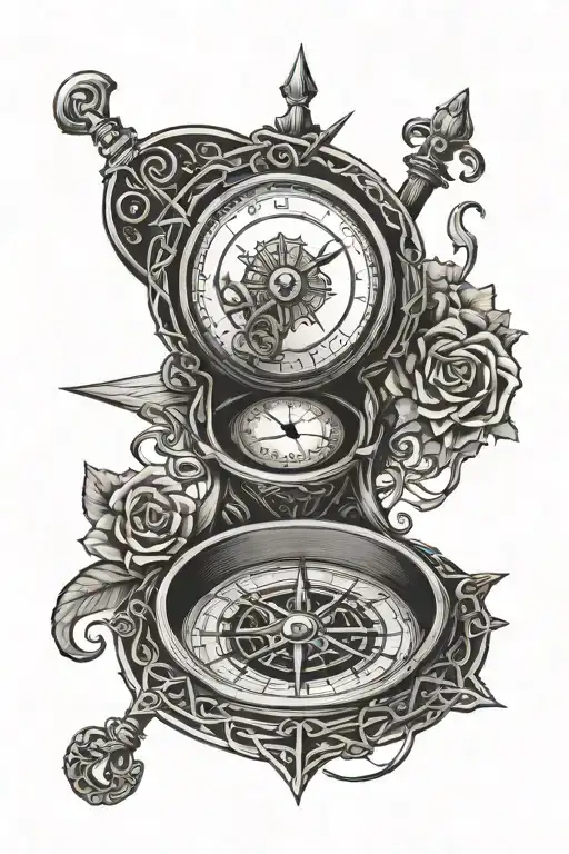 compass intertwined with irish harp and celtic linework tattoo design idea