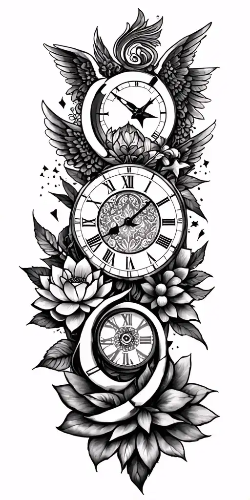 "Tara" Deign with angel, clock, lotus and star tattoo design idea