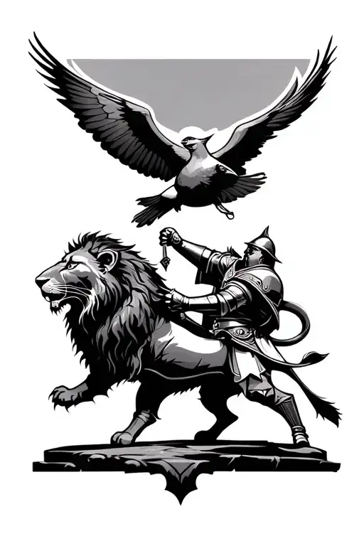 a knight fighting a lion with a cardinal bird flying tattoo design idea