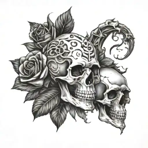 "long live orion" with skull and red roses tattoo design idea