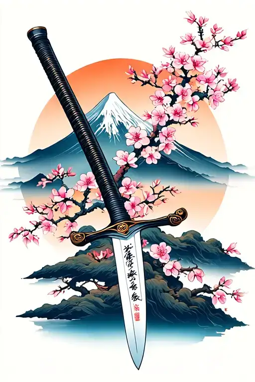 Cherry blossoms with a katana sword with a mountain in the background  tattoo design idea