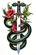 belladonna and snake wrapping around arm and sword tattoo design idea