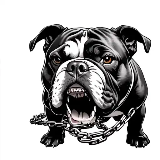 angry American Bully pulling on chain tattoo design idea