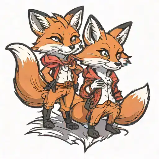 Three cartoon fox characters standing in a dynamic pose, showcasing different outfits and expressions. The first fox wea tattoo design idea