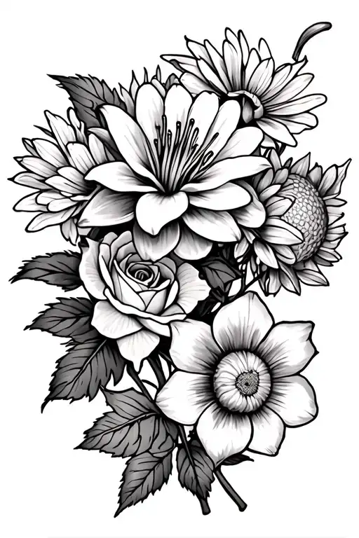 one Lilly , one chrysanthemum, three roses, one Marigold, and one daffodil tattoo design idea