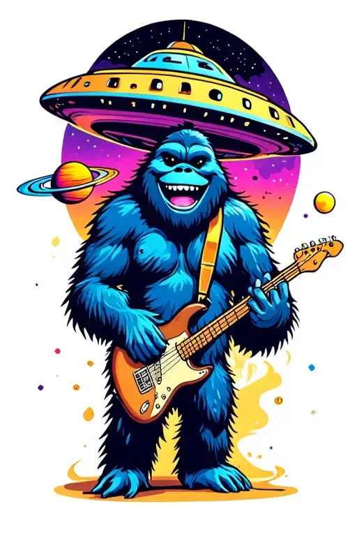 Bigfoot, UFO, alien smiling, cartoon, colorful, planets, bass guitar tattoo design idea