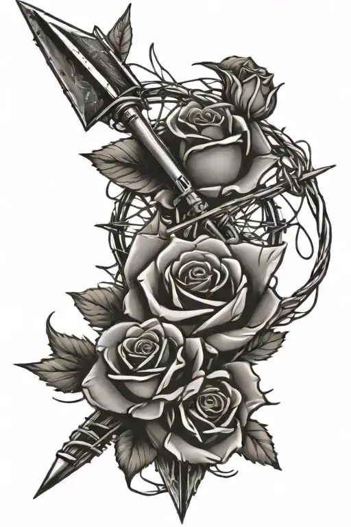 arrow and barbed wire with roses tattoo design idea