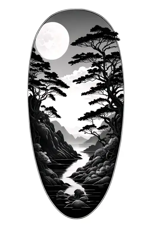 biblical nature scene in japenese style with negative spaces tattoo design idea