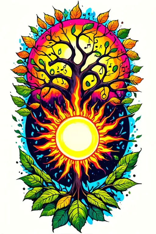 radient sun, tree of life, musical notes, leaves, feeling of chaos   tattoo design idea