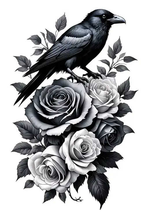 Black and Gray tattoo with two ravens, blooming roses. Focus on detail and shading. tattoo design idea