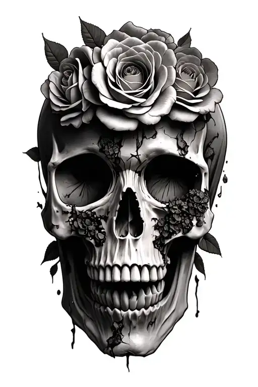 A realistic skull with decaying roses woven through the eye sockets and jaw. The flowers could transition from withered  tattoo design idea