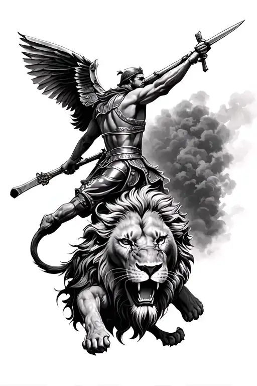 roaring Lion with Roman soldier fighting within the head  tattoo design idea