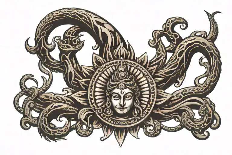 an arm band tattoo design inspired by lord shiva. symbols like a long trishul with damru, naag, ganga, crescent moon,  tattoo design idea