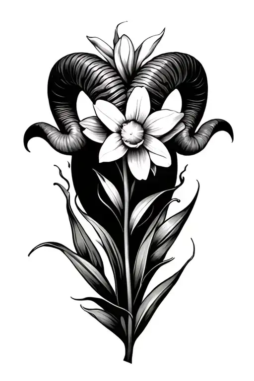 v, aries sign, ram horn, daffodil bud bursting tattoo design idea