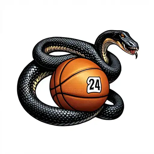 Black Mamba wrapped around Kobe Bryant logo with a number 24 basketabll in its mouth tattoo design idea
