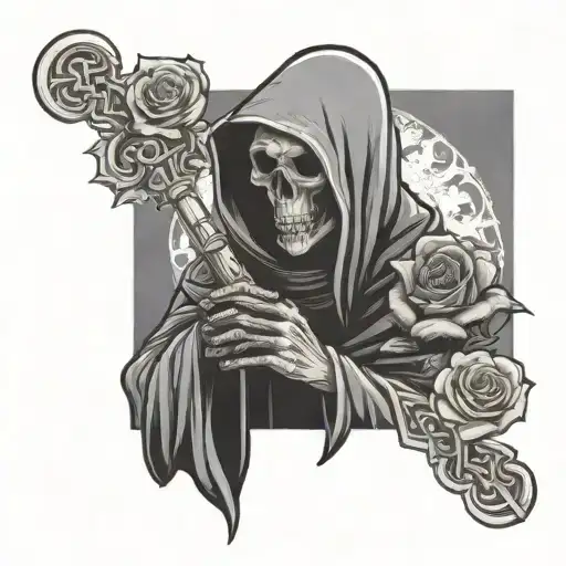 grim reaper holding a rosary cross and rose wrapped tattoo design idea