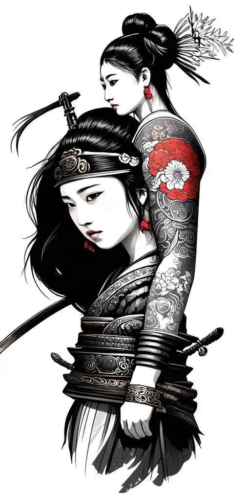 a full sleeve on the right arm. the style is realism. the setting is feudal japan. Include a female samurai on the upper tattoo design idea