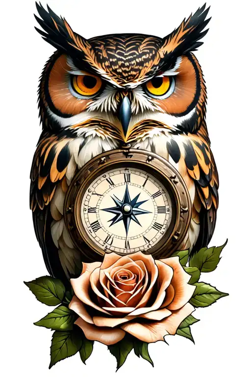 owl holding clock and compass 2 roses  tattoo design idea