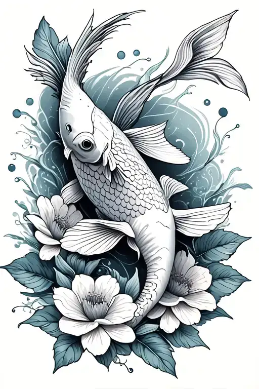 koi fish with flowers tattoo design idea