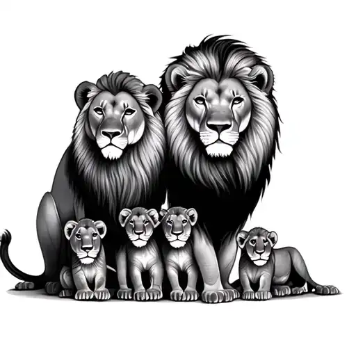 feminine Lion And Lioness with 4 cubs symbolising love and family  tattoo design idea