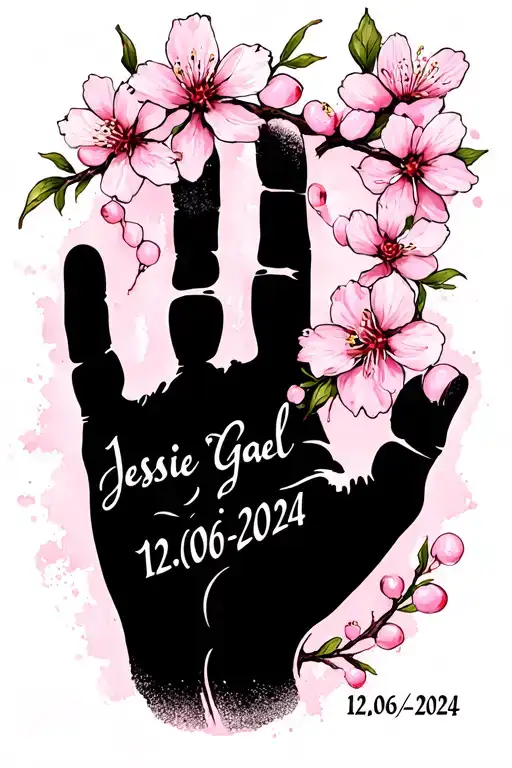 "Jessie Gael 12-06-2024 " black and white baby hand print with a few pink cherry blossoms tattoo design idea