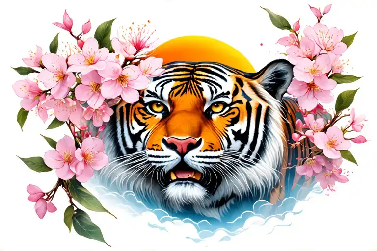 Sun And Moon cherry blossom tiger tattoo design idea
