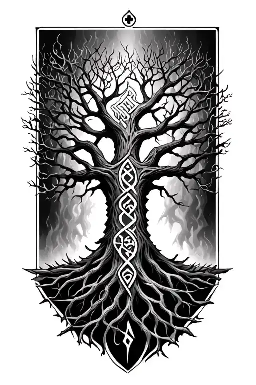 Yggdrasil tree, Nordic runes, viking warrior tattoo design idea