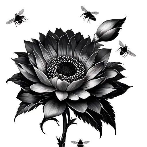 sunflower lotus peony flowers with bees flying tattoo design idea