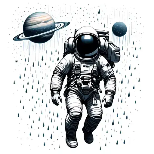 An astronaut floating in zero gravity under a cosmic rain shower, where the raindrops are tiny stars or planets tattoo design idea