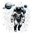 An astronaut floating in zero gravity under a cosmic rain shower, where the raindrops are tiny stars or planets tattoo design idea