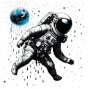 An astronaut floating in zero gravity under a cosmic rain shower, where the raindrops are tiny stars or planets tattoo design idea