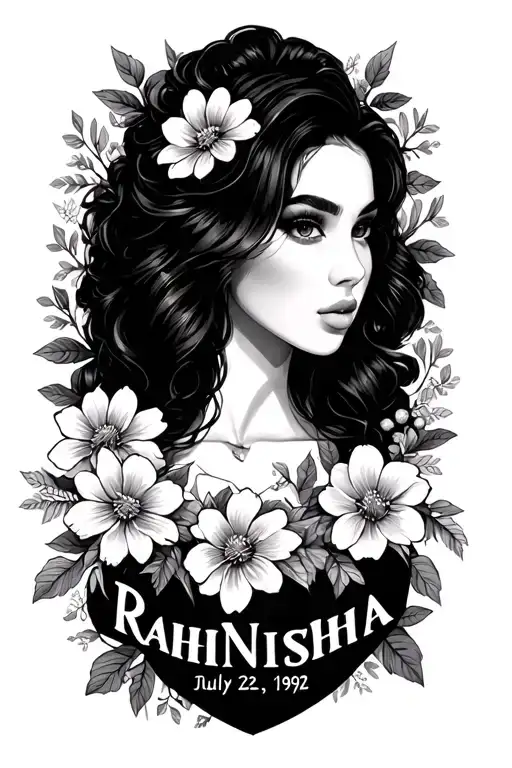 the name RahNisha with flowers around it and the date July 22 1992  tattoo design idea