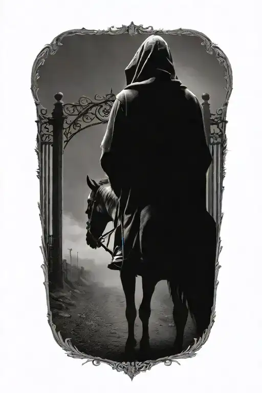 a hooded figure on a horse standing alone in from of an opened gate looking away down a long path  tattoo design idea