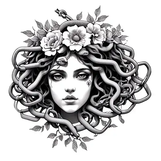 Medusa head surrounded by chains flowers vines and snakes  tattoo design idea
