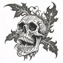 skull with a tree roots coming out of mouth of a skull and flames tattoo design idea